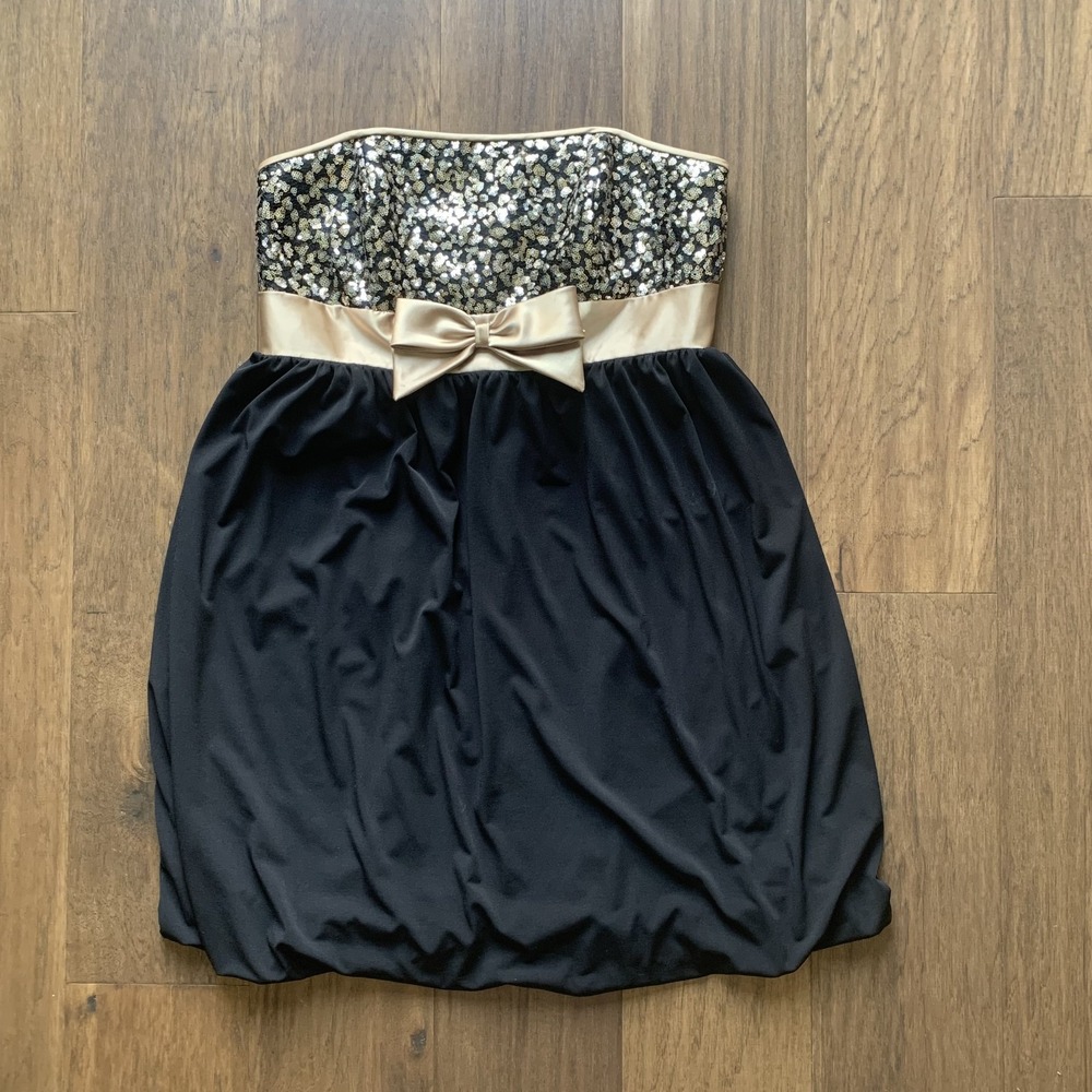 Vintage Jessica McClintock Dress Womens 13 Sequin Strapless Bubble Bow Satin 90s
